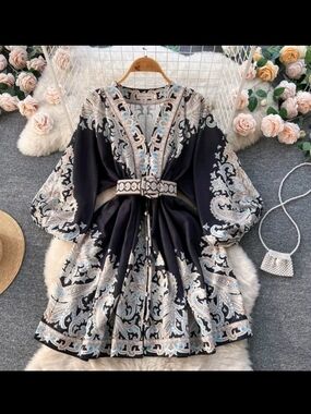 Black Paisley-Print V-Neck Boho Dress with Belt